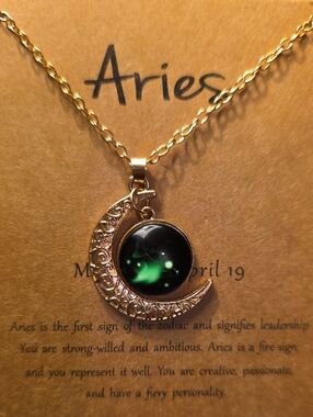 Aries Gold Crescent Moon Necklace with Green Galaxy Pendant